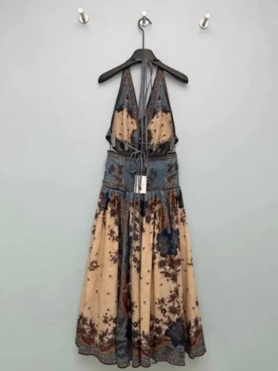 Zimmermann Beige and Blue Floral Halter Maxi Dress - Picture 2 of 9
